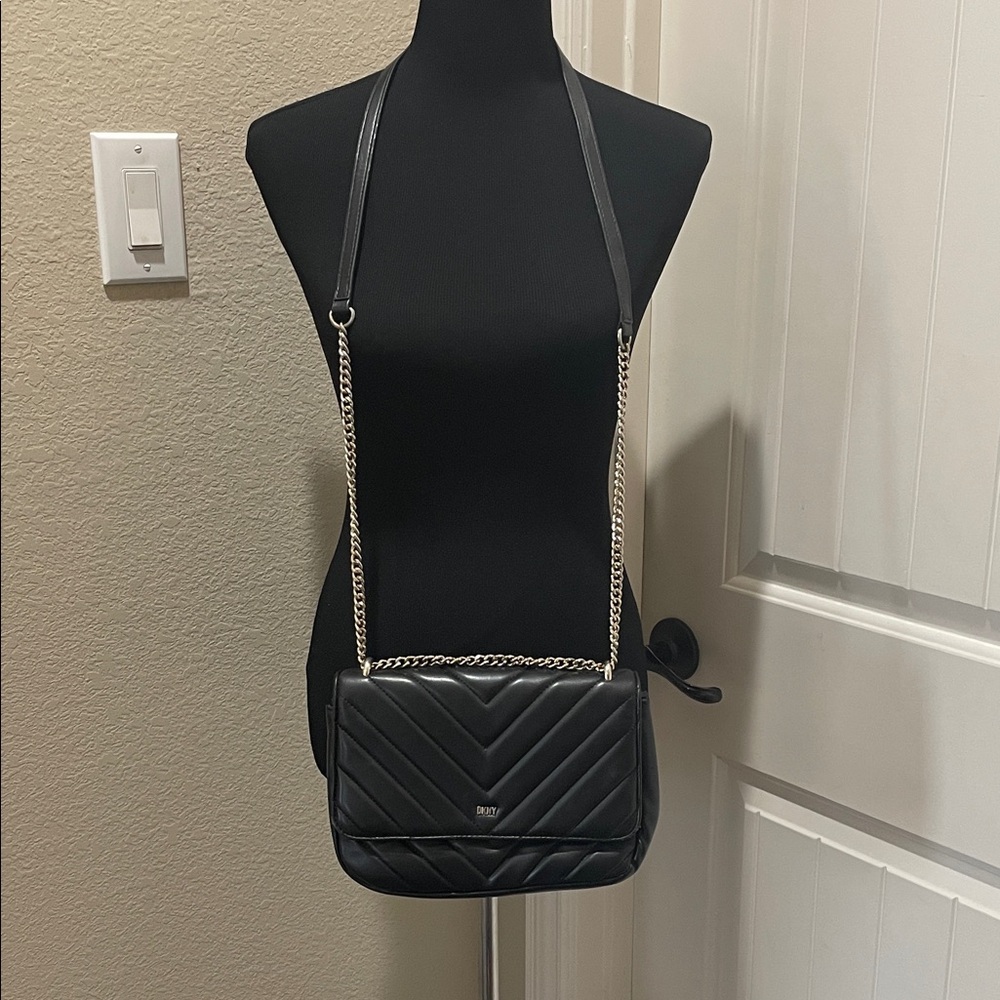 DKNY Black Quilted Leather Crossbody with Chain Strap
